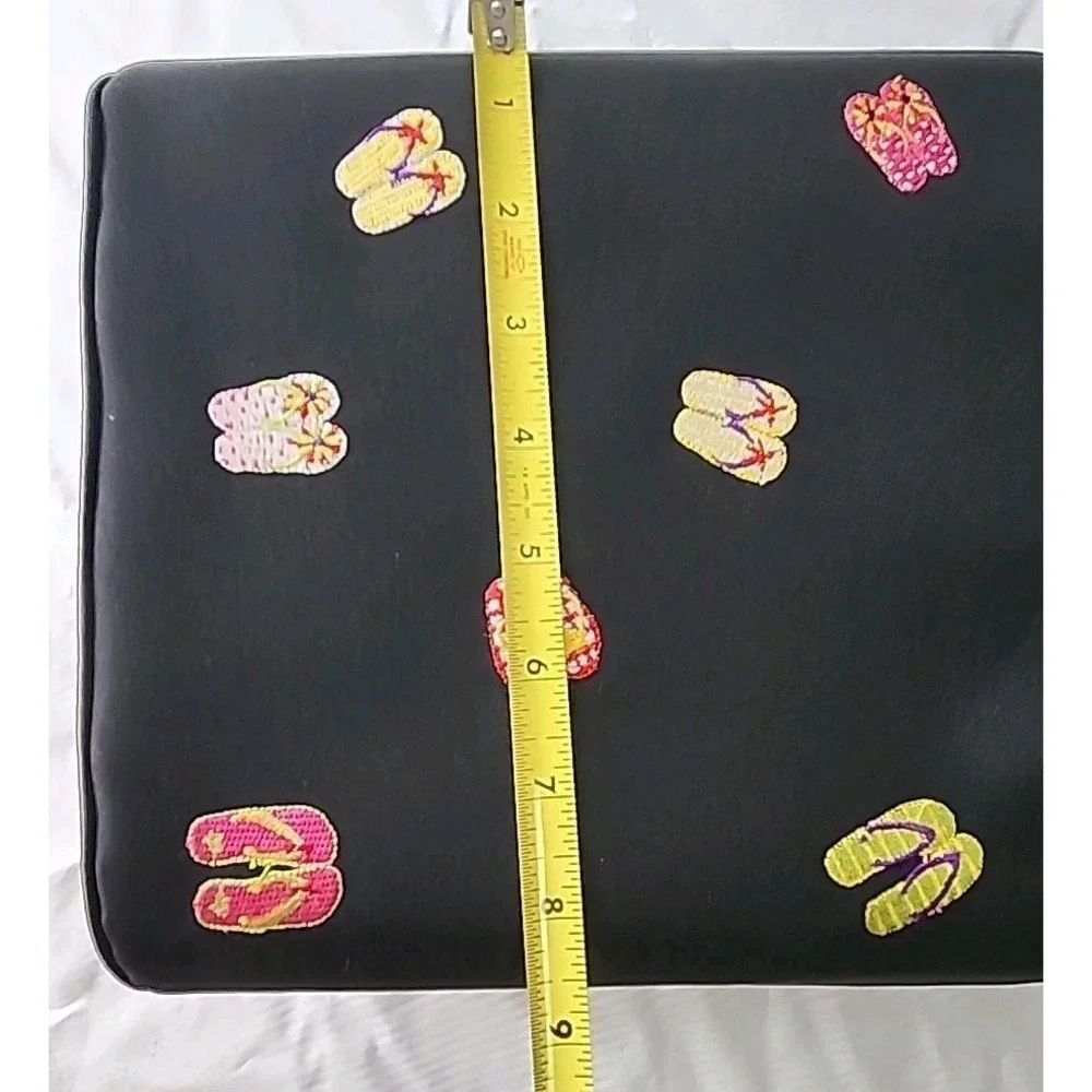 Sandol Living Fashion Handbag Black Fabric w/Embroidered Colorful Flip Flops EUC